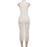 White Sexy Fringed Mesh See-through Slim Fit Dress