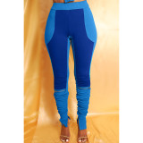 Blue Contrast Color Splicing Zipper Casual Slit Pleated Stacked Pants