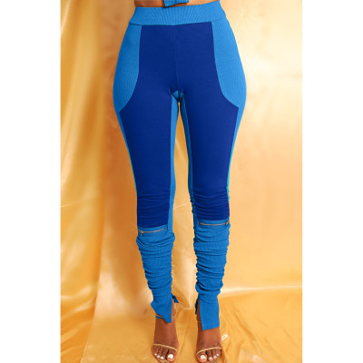 Blue Contrast Color Splicing Zipper Casual Slit Pleated Stacked Pants