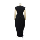 Black Round Neck Waist Drawstring Solid Color Dress