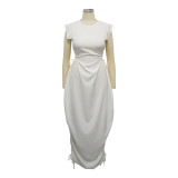White Round Neck Waist Drawstring Solid Color Dress