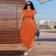 Orange Round Neck Waist Drawstring Solid Color Dress