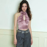 Pink Lace Hollow Sleeveless Stand Collar Crop Top Vest