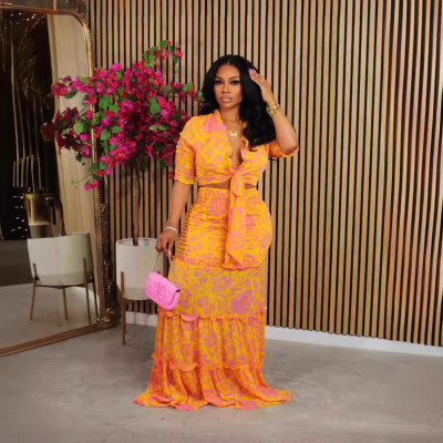 Orange Sexy V-Neck Printed Top And Long Skirt Two-Piece Set
