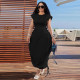 Black Round Neck Waist Drawstring Solid Color Dress