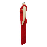Red Fashionable Ostrich Feather Inlaid Brick Suspender Slim Fit Jumpsuit