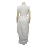 White Round Neck Waist Drawstring Solid Color Dress