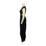 Black Round Neck Waist Drawstring Solid Color Dress
