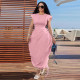 Pink Round Neck Waist Drawstring Solid Color Dress