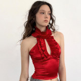 Red Lace Hollow Sleeveless Stand Collar Crop Top Vest