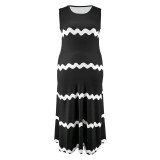 Black Sleeveless Suspender Stripe Print Plus Size Women's Dress