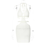 White Sexy Halter Neck Wrap Chest Hollow Patchwork Strappy Dress