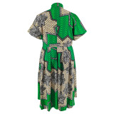 Green Short-Sleeved Printed Stand Collar Plus Size Dress