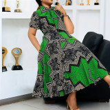 Green Short-Sleeved Printed Stand Collar Plus Size Dress