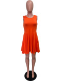 Orange Crew Neck Sleeveless Pocket Mini Dress