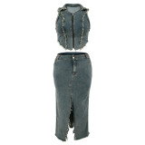 Blue Large Size Denim Short-Sleeved Tassel Zipper Slit Long Skirt Two Pieces