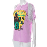 Pink Fashionable Printed V-neck Slit Tassel Ribbon Loose T-shirt