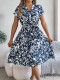 Dark Blue Casual V-Neck Buttoned Bat Sleeve Flower Dress