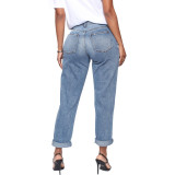 Light Blue Fashionable And Versatile Casual Ripped Straight Trousers