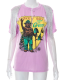 Pink Fashionable Printed V-neck Slit Tassel Ribbon Loose T-shirt
