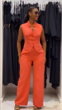 Orange Fashionable Stand Collar Sleeveless Vest Vest High Waist Trousers Casual Two Pieces