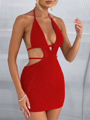 Red Sexy Halter Neck Wrap Chest Hollow Patchwork Strappy Dress