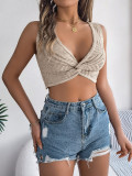 Khaki Knotted Navel-Baring Knitted Holiday Top