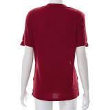 Wine Red Fashionable Printed V-neck Slit Tassel Ribbon Loose T-shirt