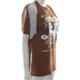 Brown Fashionable Printed V-neck Slit Tassel Ribbon Loose T-shirt