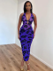 Purple Sexy Rose Print Mesh Patchwork Sleeveless Halterneck Halter Dress