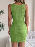 Green Casual V-Neck Waist Knitted Bag Hip Beach Dress