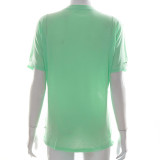 Light  Green Fashionable Printed V-neck Slit Tassel Ribbon Loose T-shirt