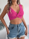 Rose Red Knotted Navel-Baring Knitted Holiday Top