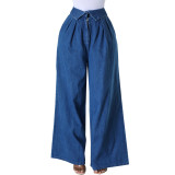 Blue Fashionable High Waisted Loose Wide Leg Solid Color Stretch Jeans