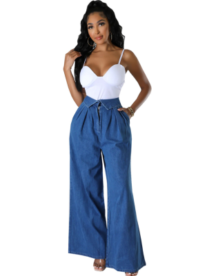 Blue Fashionable High Waisted Loose Wide Leg Solid Color Stretch Jeans