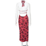Red Sexy Rose Print Mesh Patchwork Sleeveless Halterneck Halter Dress