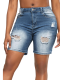 Blue Stylish Hand-Distressed High-Waisted Washed Denim Shorts