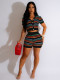 Black Sexy Knitted Contrast Short-Sleeved Shorts Casual Two-Piece Set
