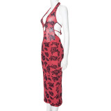 Red Sexy Rose Print Mesh Patchwork Sleeveless Halterneck Halter Dress