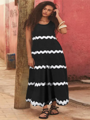 Black Sleeveless Suspender Stripe Print Plus Size Women's Dress