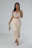 Apricot Sexy Tassel Fishnet Knitted Casual Two-piece Set
