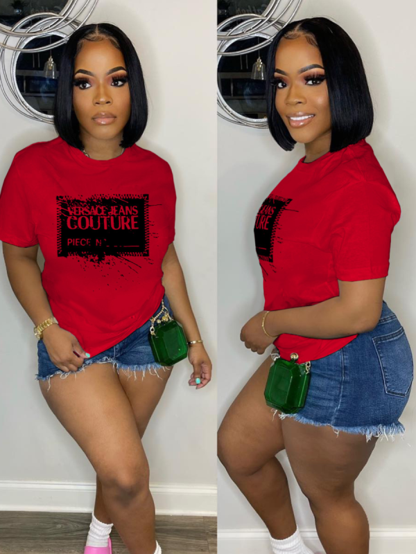 Red Printed Pullover Round Neck Short-Sleeved T-Shirt
