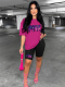 Rose Red Stylish Contrasting Sports Crew Neck Printed Two-Piece Set