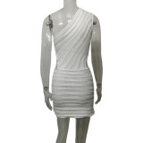 White Sexy Sloping Shoulder Hollow See-through Knitted Dress