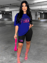 Blue Stylish Contrasting Sports Crew Neck Printed Two-Piece Set