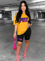 Yellow Stylish Contrasting Sports Crew Neck Printed Two-Piece Set