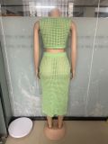Light  Green Sexy Tassel Fishnet Knitted Casual Two-piece Set