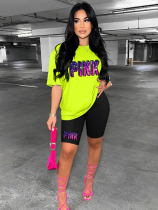Fluorescent Green Stylish Contrasting Sports Crew Neck Printed Two-Piece Set