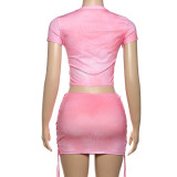 Pink Fashionable Casual Drawstring Pleated High Waist Slim Skirt Two Pieces