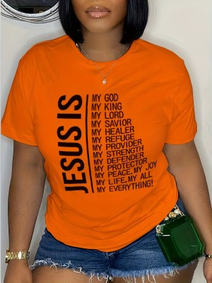 Orange Letter Print O-Neck T-Shirt